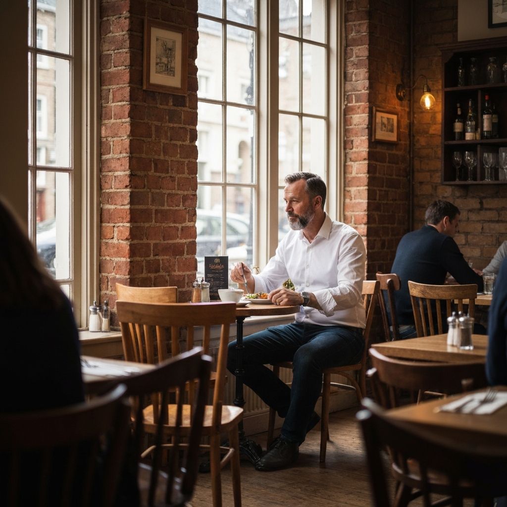 Person enjoying a relaxed lunch at a UK café in natural light