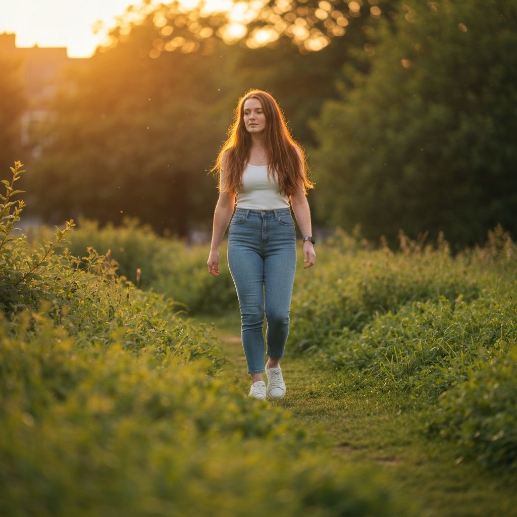 Person taking a peaceful walk in a park after work, golden hour light